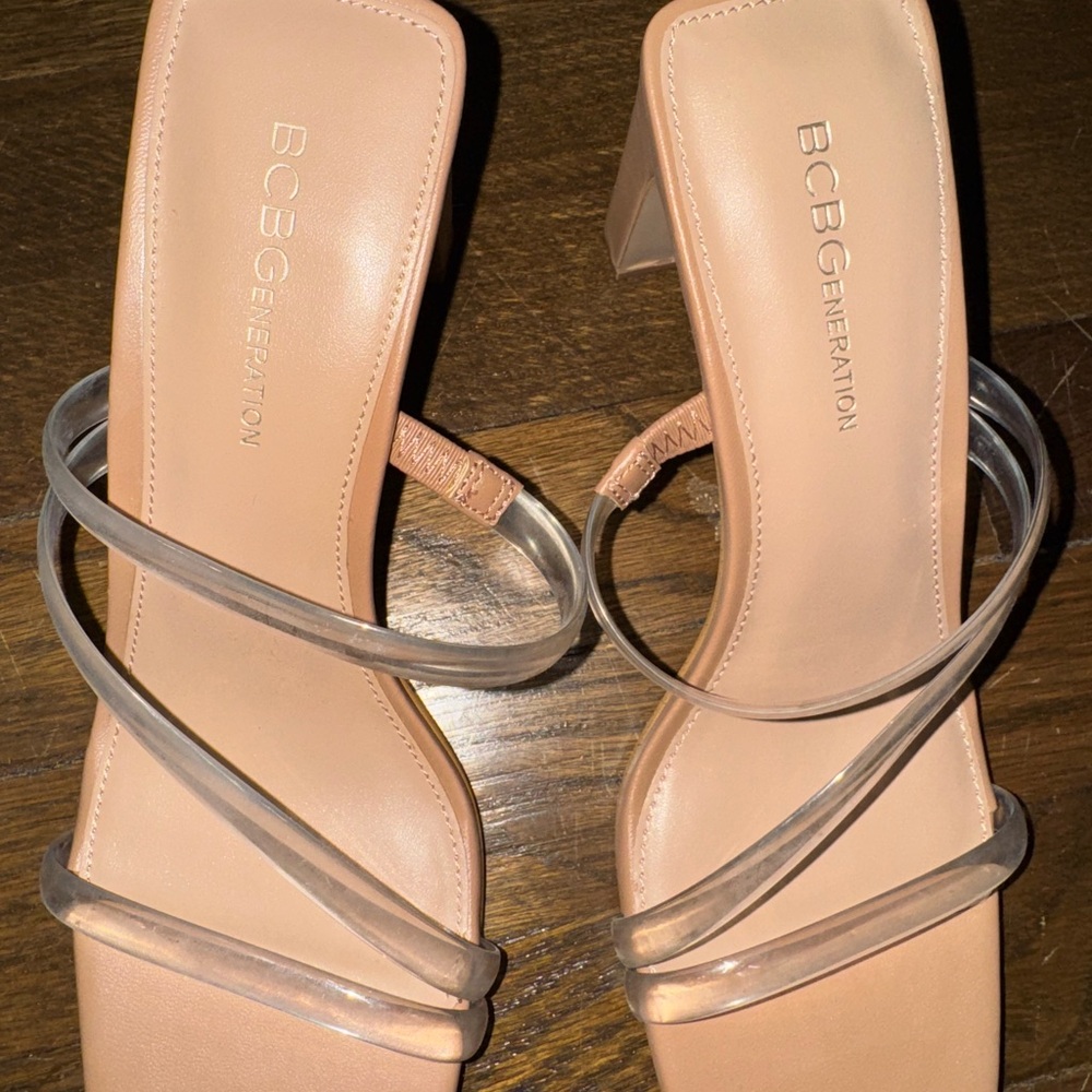 BCBGeneration Tan Heels Clear Strap Sandals